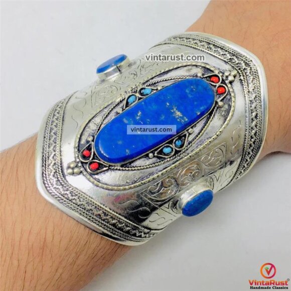 Single Kuchi Lapis Lazuli Cuff Bracelet: Vintage Tribal Boho Jewelry - Picture 13 of 13